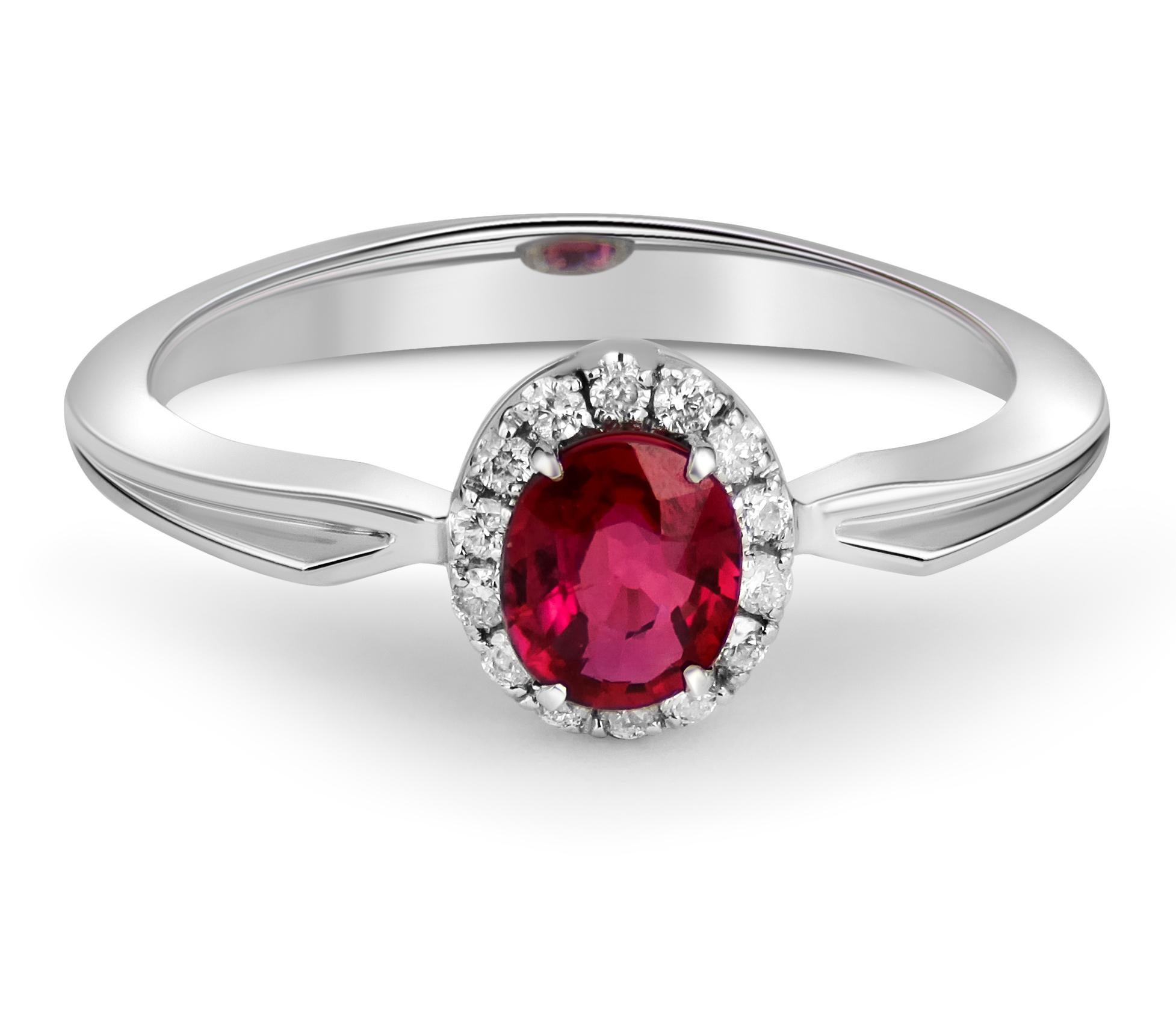 Diamond halo ruby ring. 
Ruby 14k gold ring. Oval ruby, diamonds ring. Ruby engagement ring. July birthstone ring. Classic ruby ring.

Metal type: Gold
Metal stamp: 14k Gold
Weight: 2 gr. depends from size.

Central gemstone:
Ruby: oval shape, red
