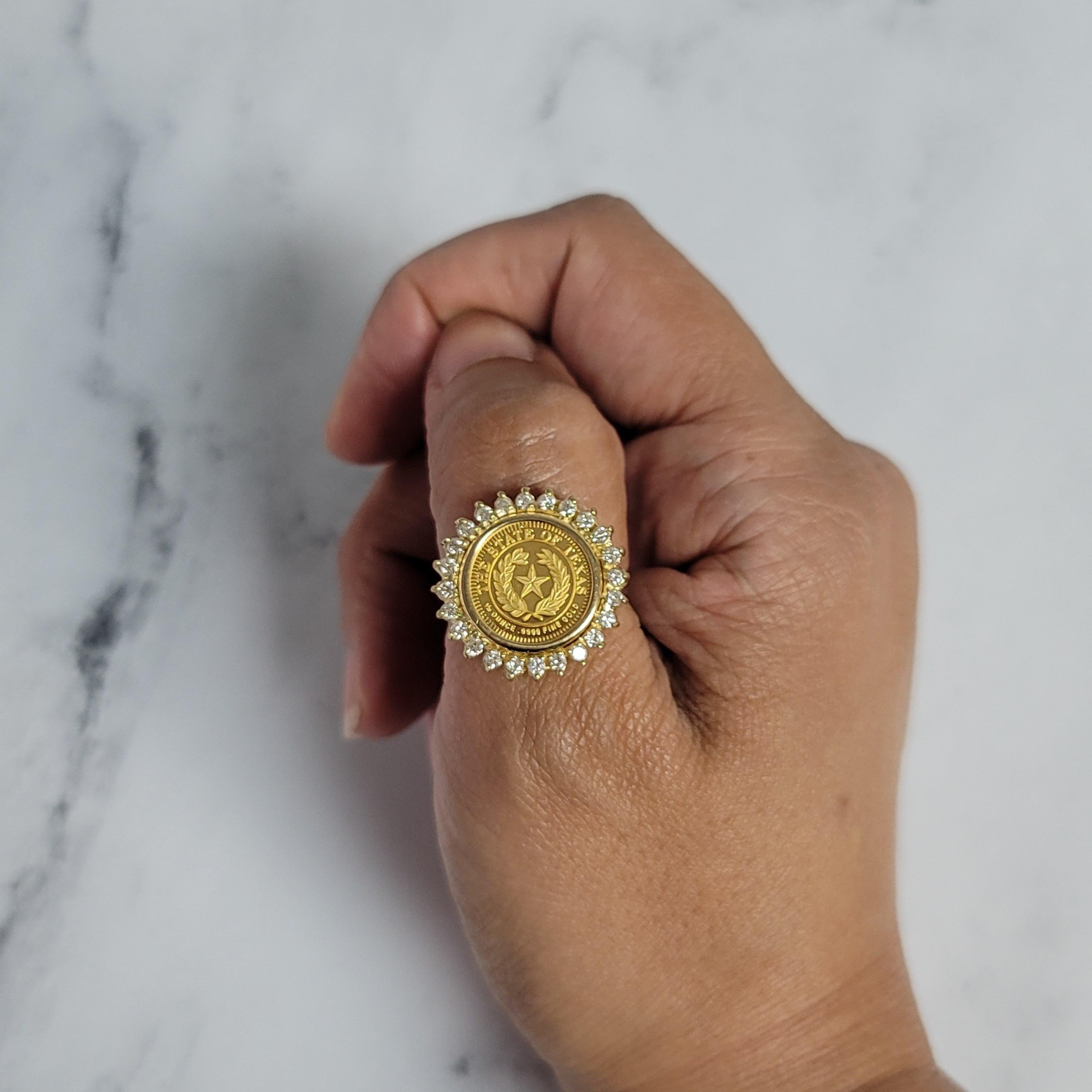 ♥ Coin Information  ♥ 

Details: State of Texas Gold Coin Ring
Obverse: Texas State Seal
Reverse: Crest of the Alamo with 6 Flags of Texas 
Composition: .9999 Fine Gold
Metal: Gold
Weight: 1/20OZ
Year: 2000
Total Weight: 6 grams

 ♥ Bezel