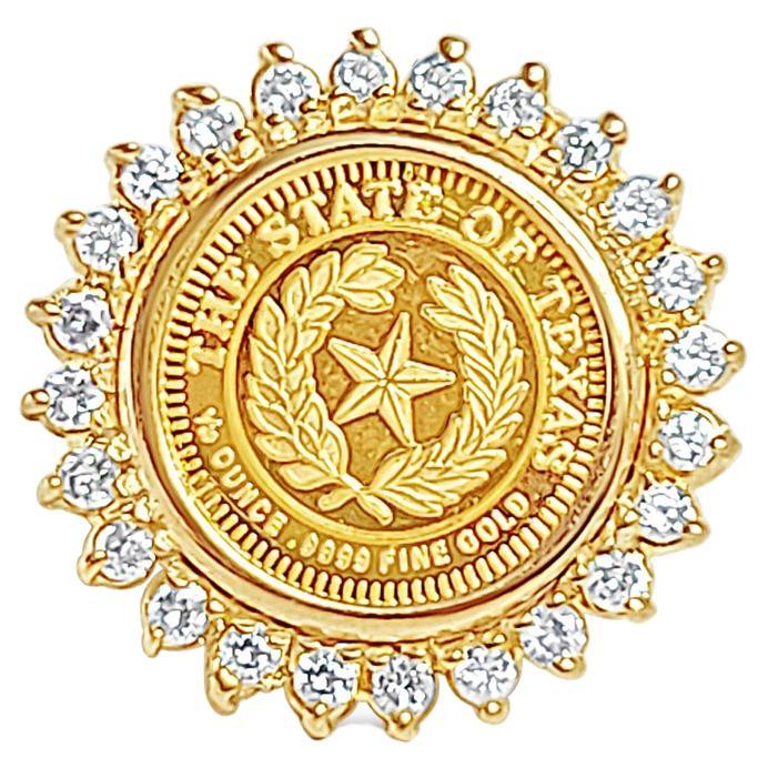 Bague de monnaie en or de l'État du Texas avec halo de diamants 1/20OZ .9999 FINE GOLD