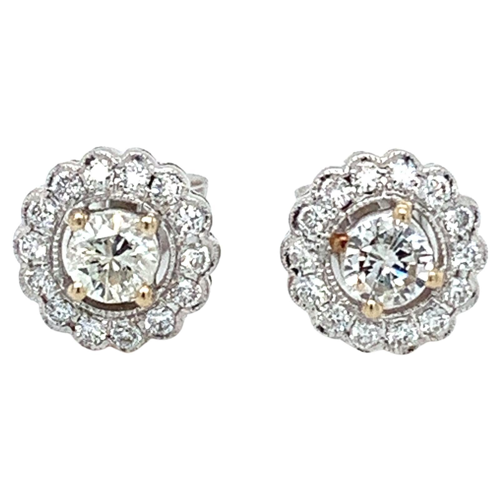 Diamond halo stud earrings 18k white gold For Sale