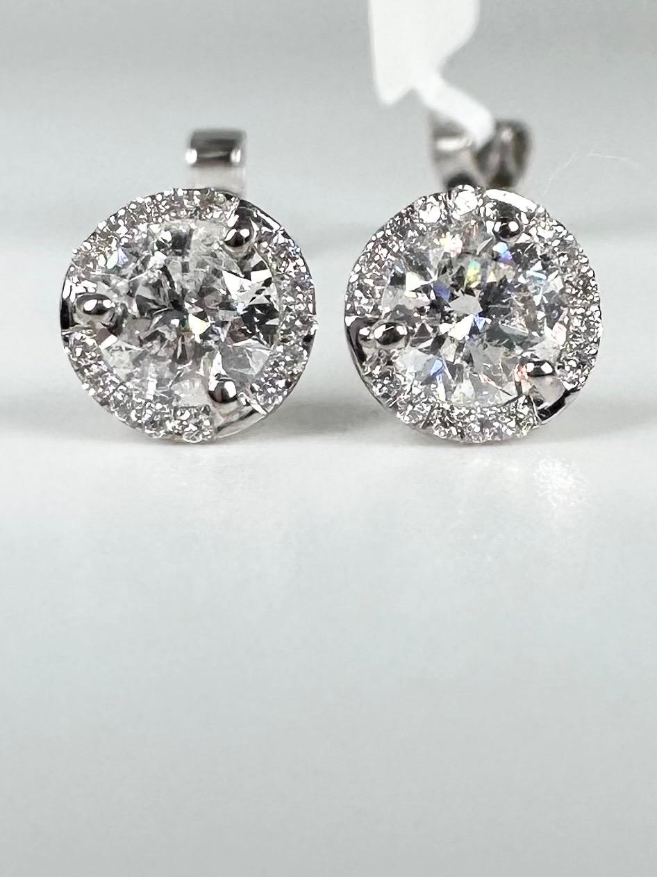 Women's or Men's Diamond halo stud earrings 18KT white gold diamond earrings  For Sale