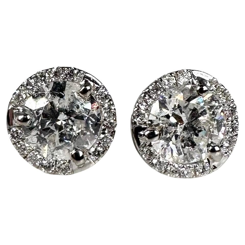 Diamond halo stud earrings 18KT white gold diamond earrings  For Sale