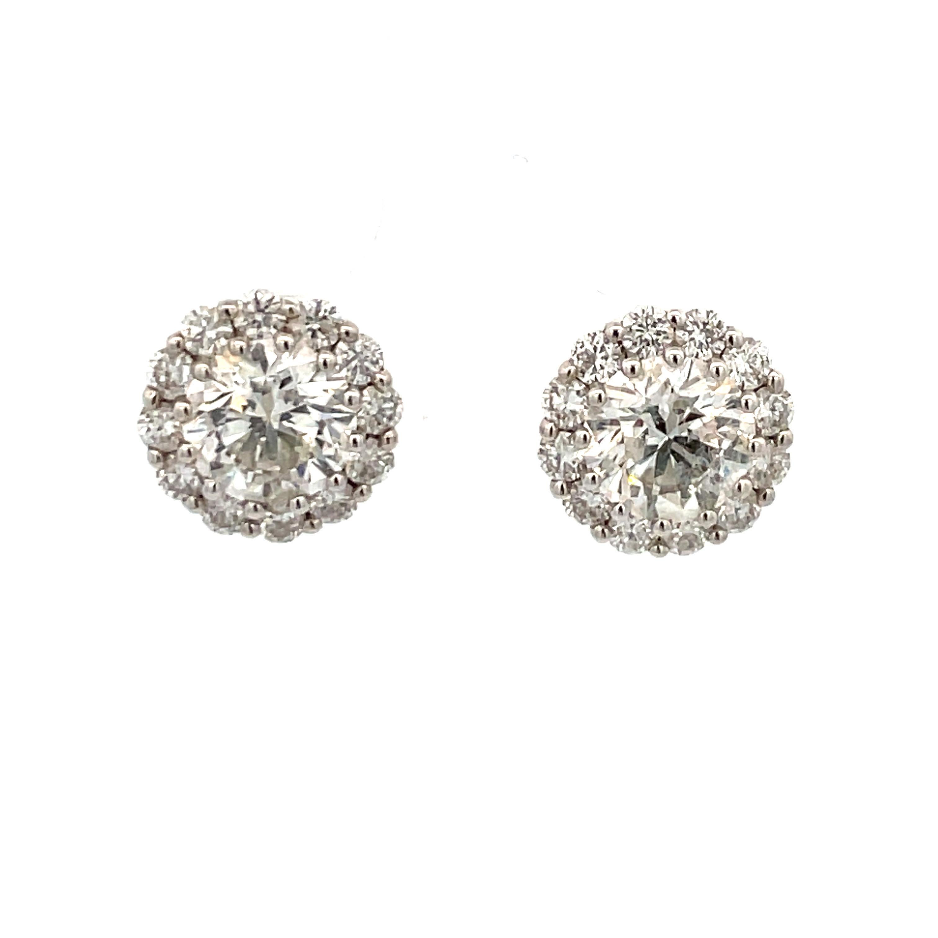 Contemporary Diamond Halo Stud Earrings 3.07 Carats H SI3-I1 18 Karat White Gold For Sale