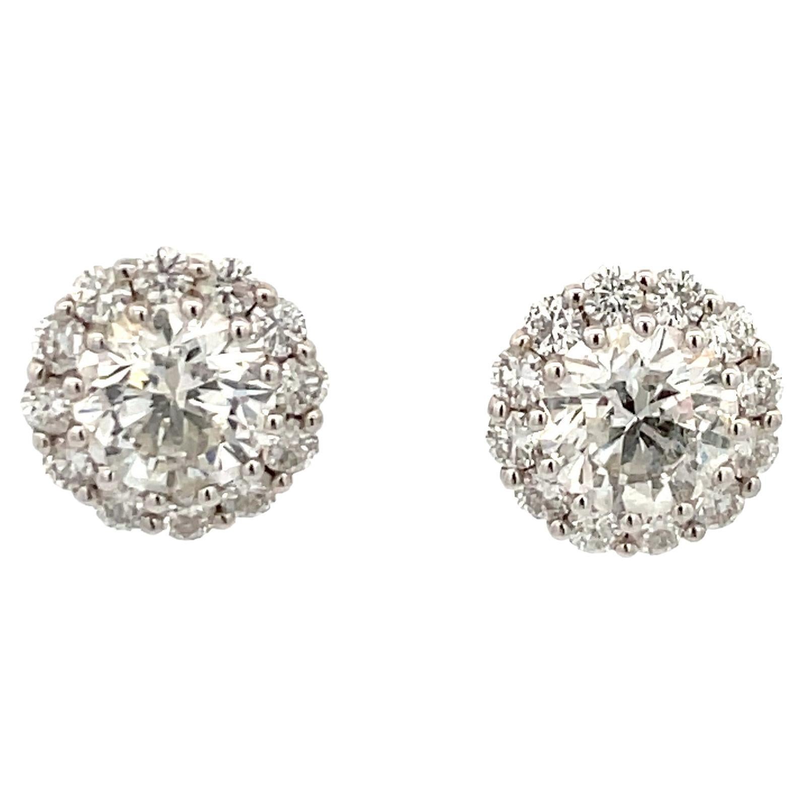 Diamond Halo Stud Earrings 3.07 Carats H SI3-I1 18 Karat White Gold