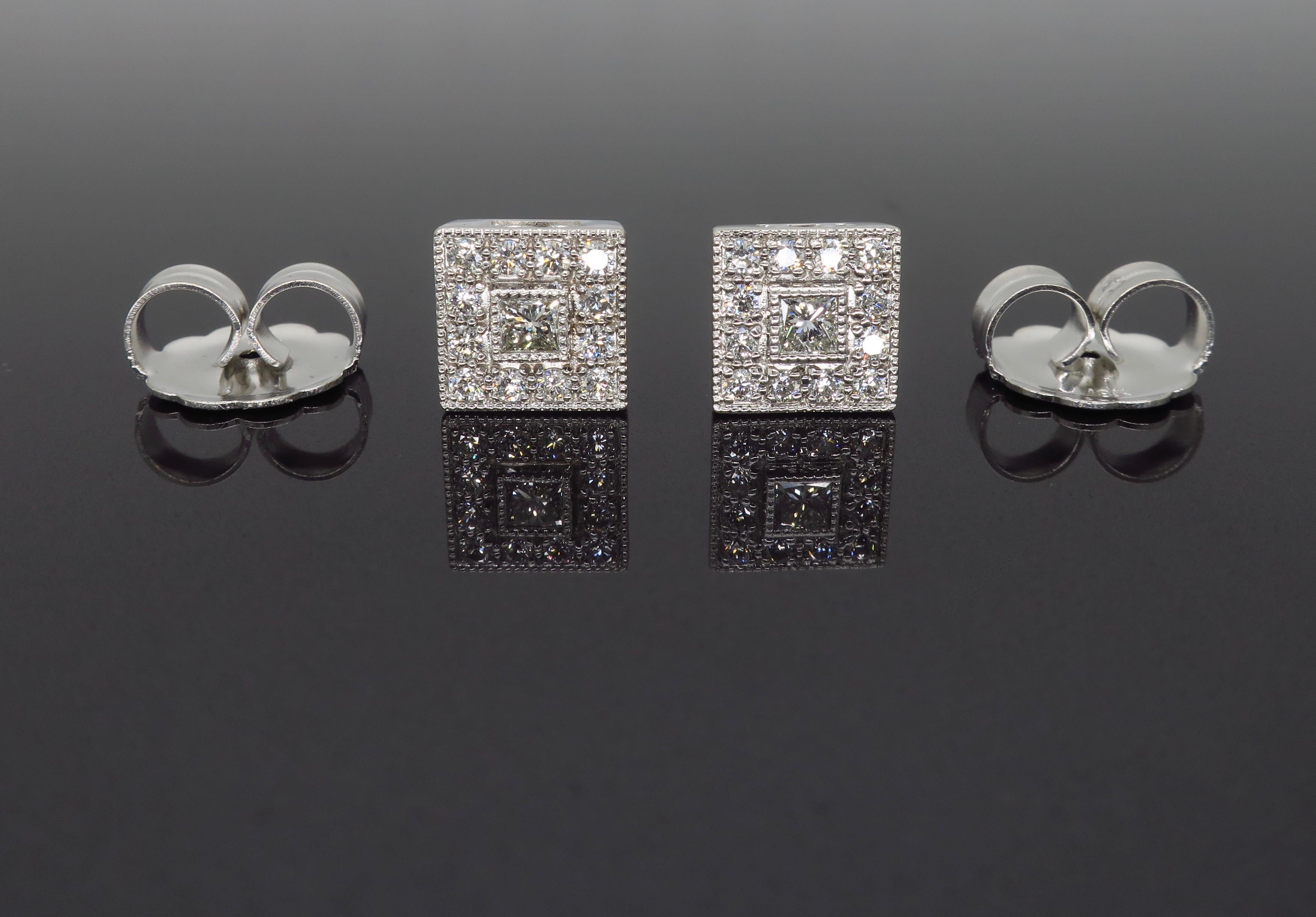 Halo style square diamond cluster earrings crafted in 18k white gold.

Diamond Carat Weight: Approximately .36CTW 
Diamond Cut: Round Brilliant Cut and Princess Cut
Color: Average G-I
Clarity: Average VS-SI
Metal: 18K White Gold
Marked/Tested: