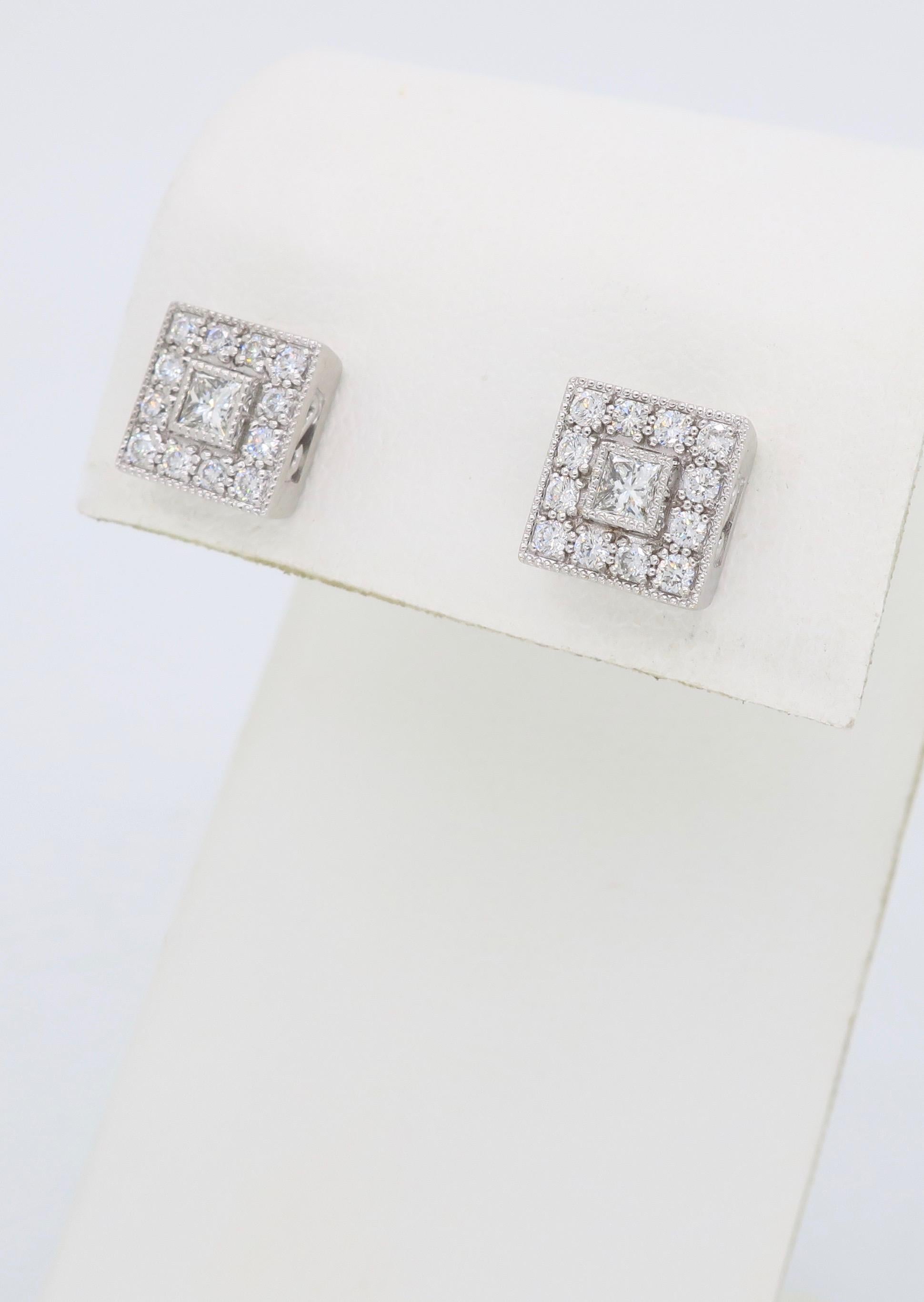 Women's or Men's Diamond Halo Stud Earrings in 18 Karat White Gold