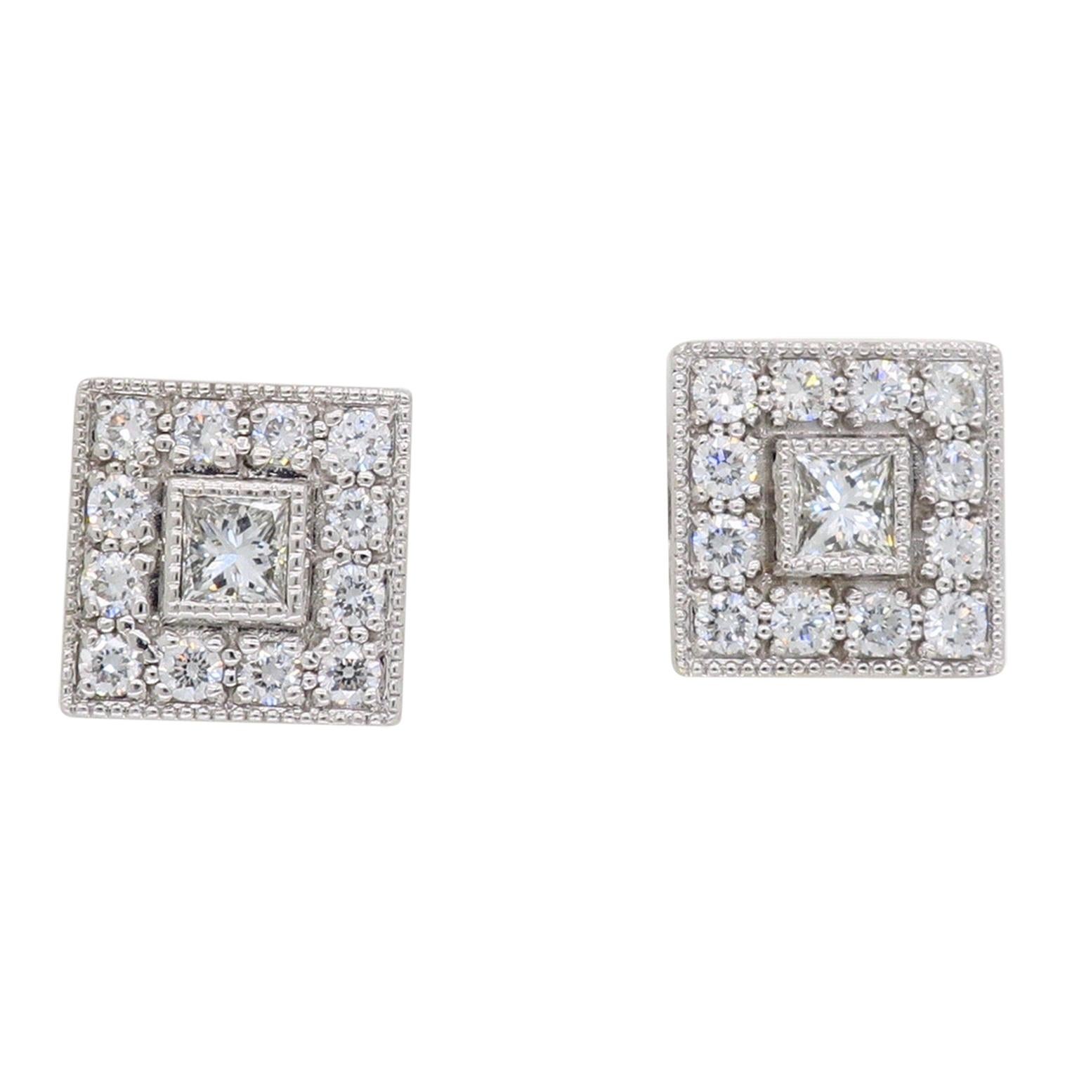 Diamond Halo Stud Earrings in 18 Karat White Gold