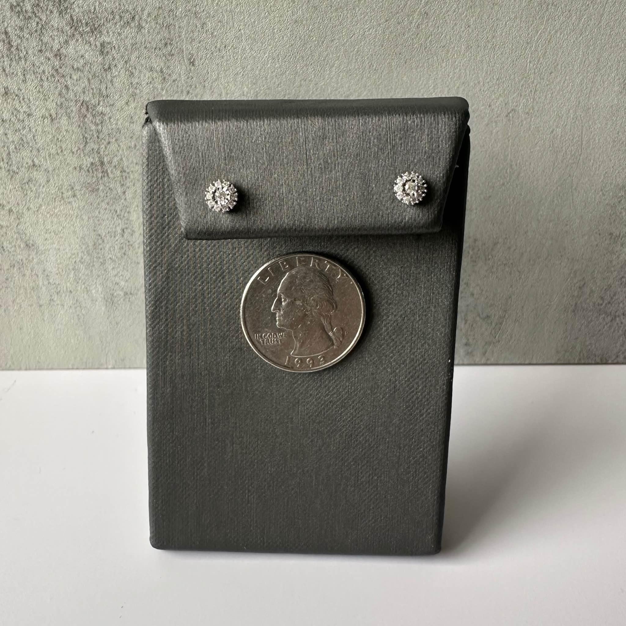 Diamond Halo Studs in Sterling Silver – 0.20ctw GH I1 Diamonds In New Condition For Sale In West Hempstead, NY