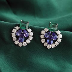 Diamond Halo Tanzanite Emerald Designer Earrings in 18K White Gold