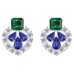 Diamond Halo Tanzanite Emerald Designer Earrings in 18K White Gold