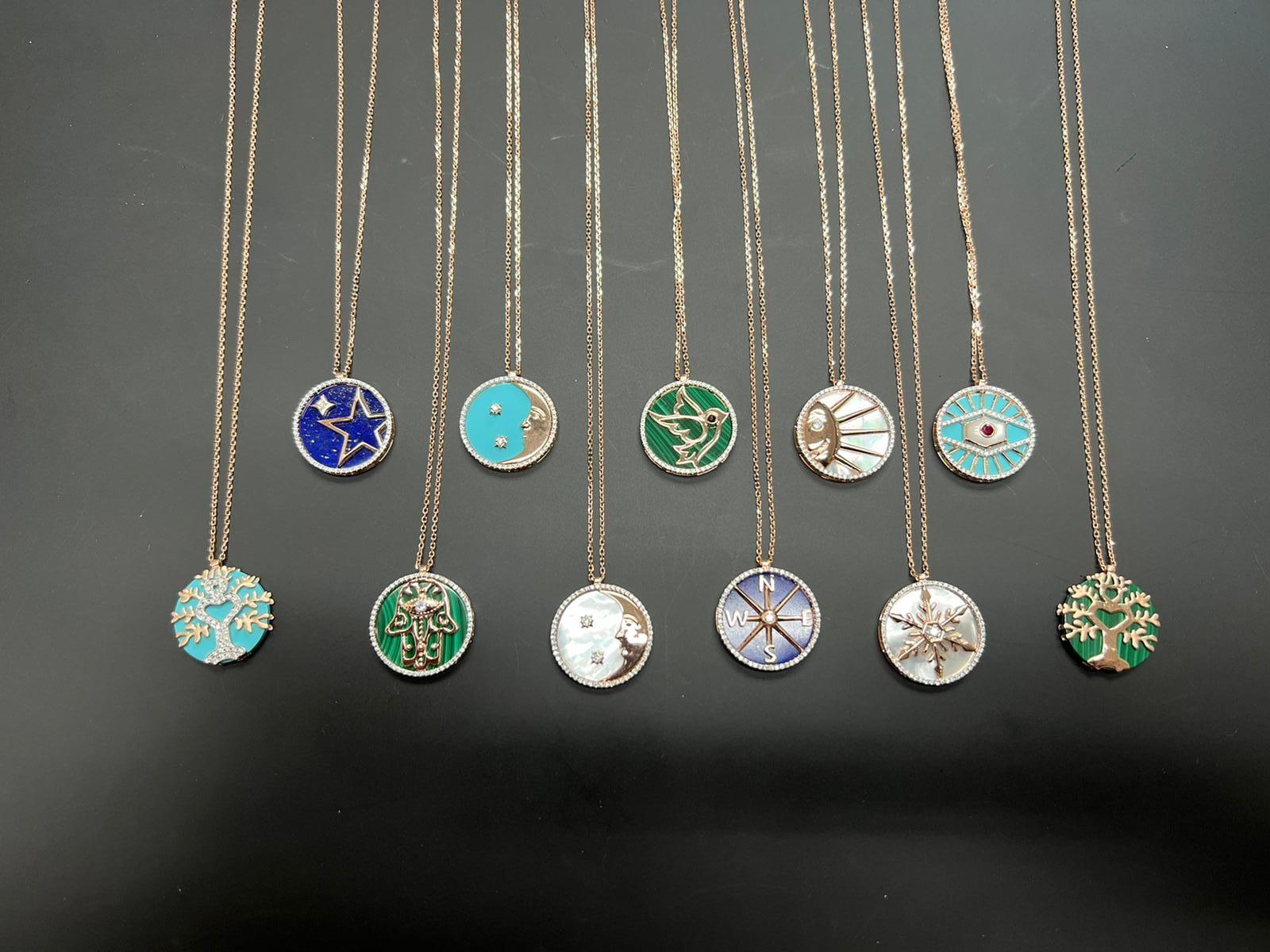 Diamond Halo Tree Life Turquoise 18 Karat Gold Pendant Charm Medallion Necklace 10