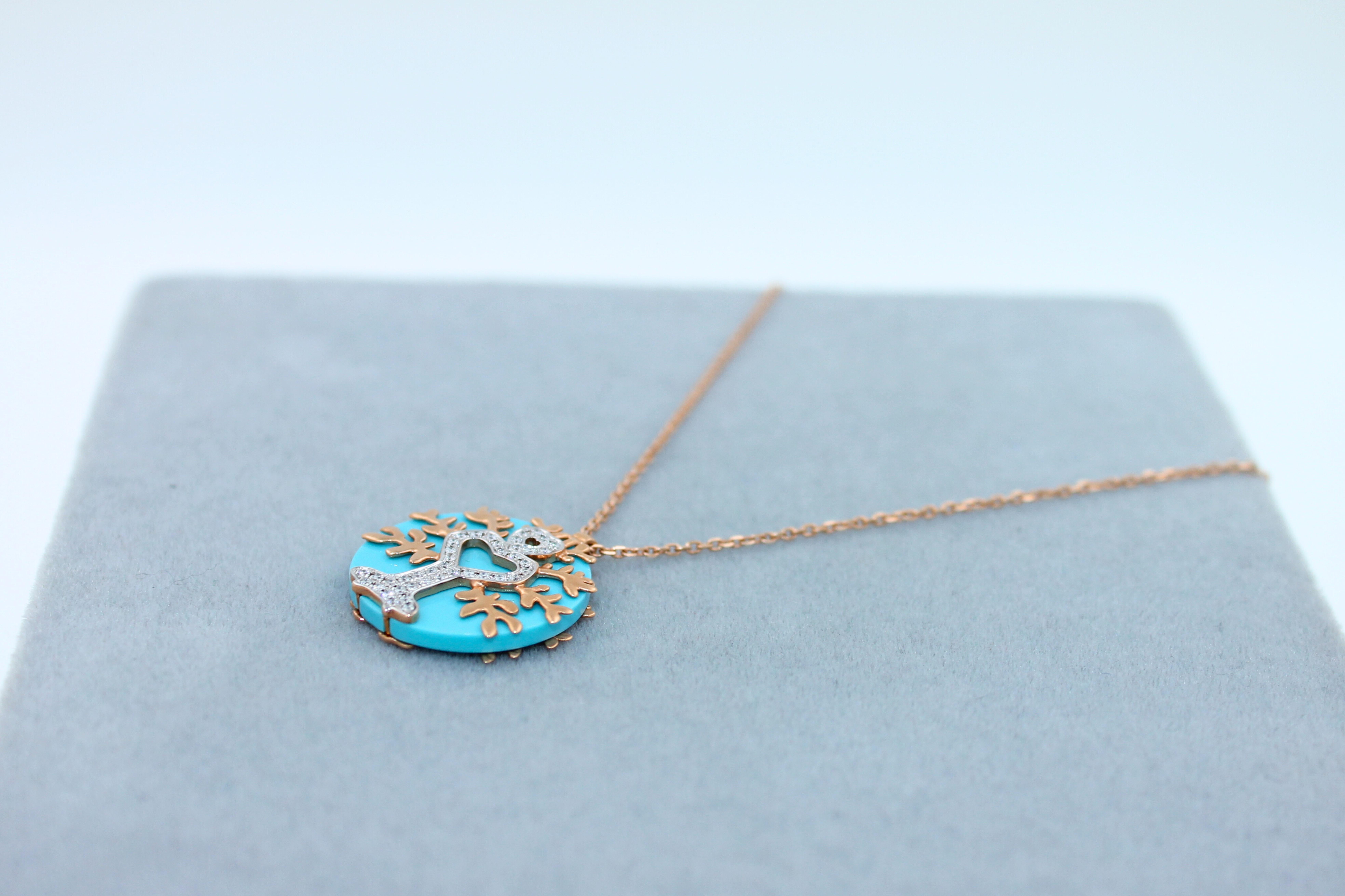 Women's or Men's Diamond Halo Tree Life Turquoise 18 Karat Gold Pendant Charm Medallion Necklace