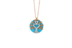 Diamant Halo Baumleben Türkis 18 Karat Gold Anhänger Charm Medaillon Halskette