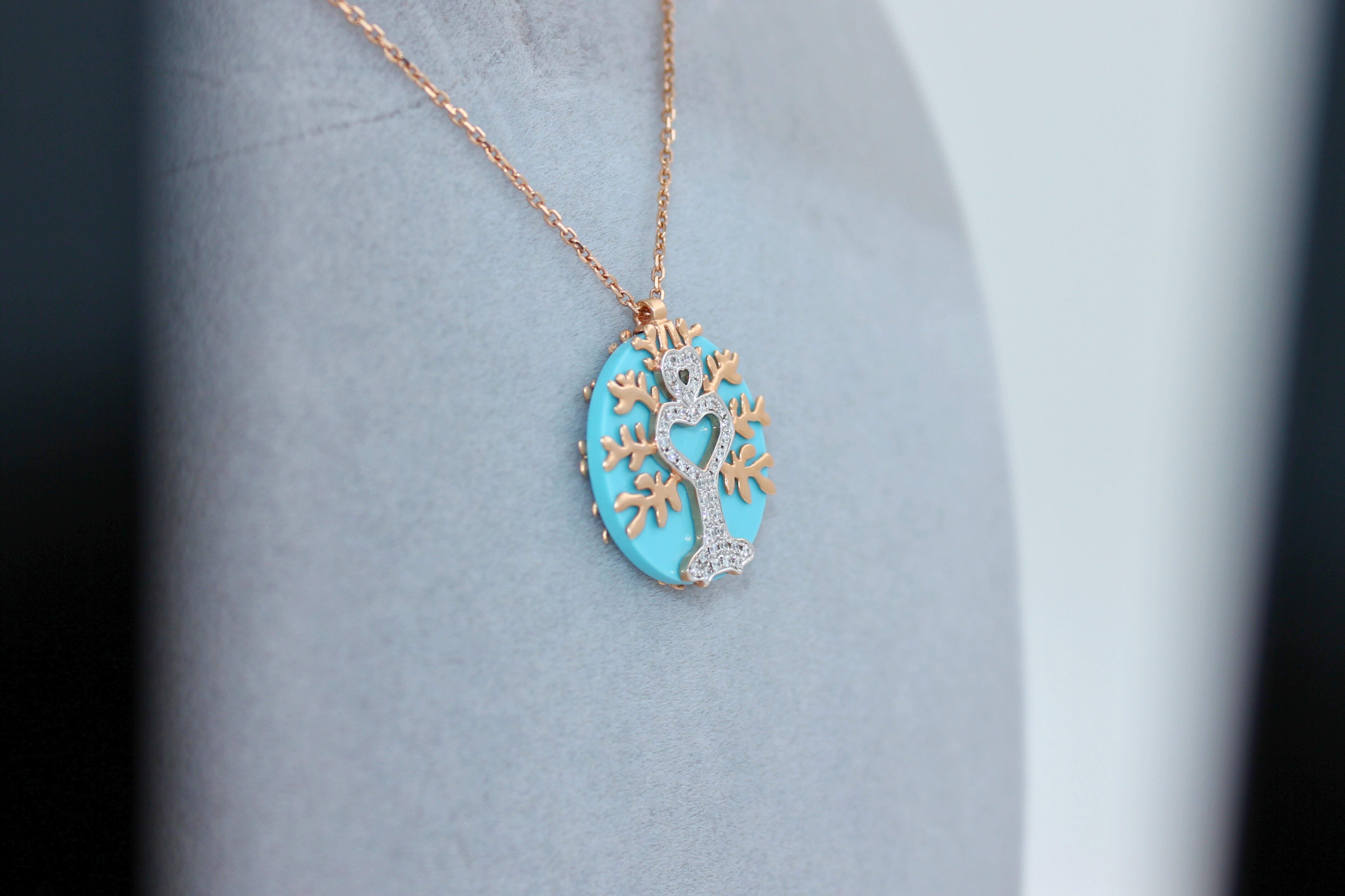 Diamond Halo Tree Life Turquoise 18 Karat Gold Pendant Charm Medallion Necklace 2