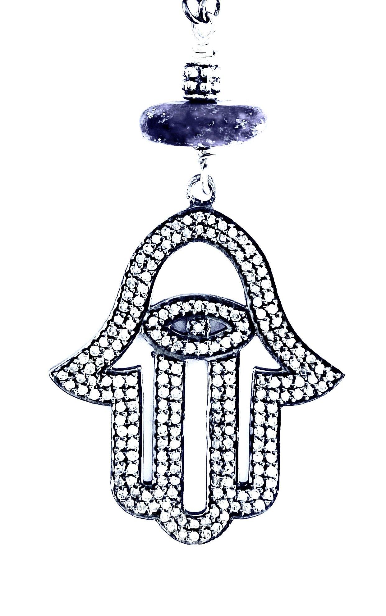 Artisan Diamond Hamsa Blue Fortune Lapis Necklace  For Sale
