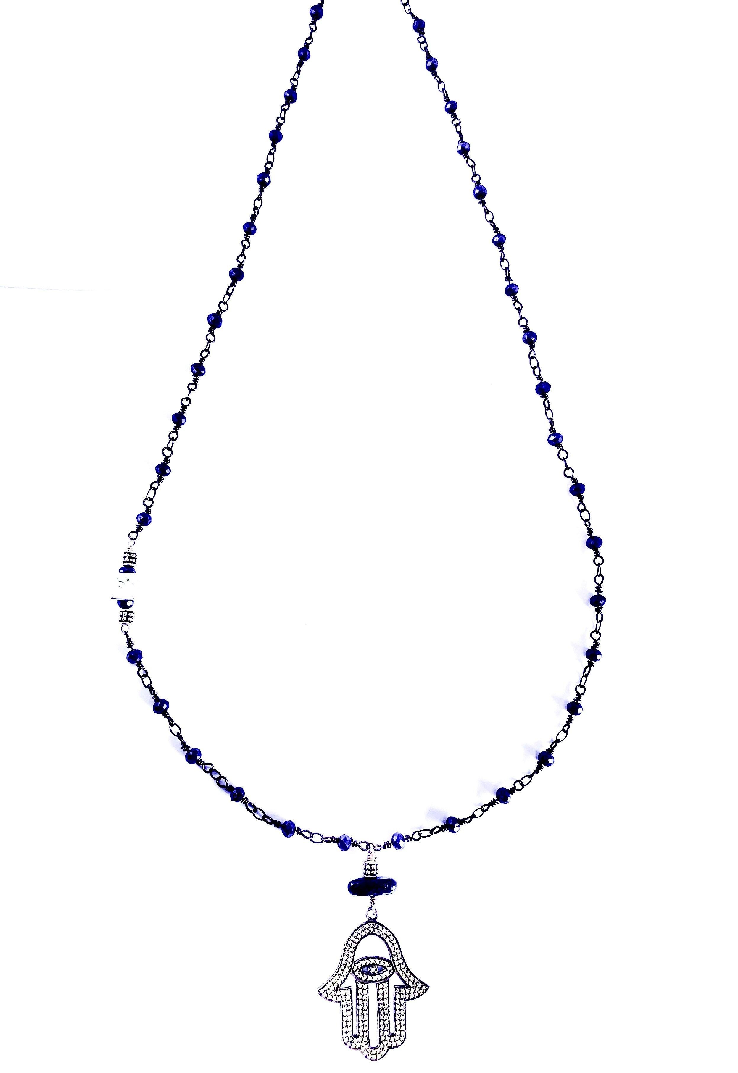 Bead Diamond Hamsa Blue Fortune Lapis Necklace  For Sale