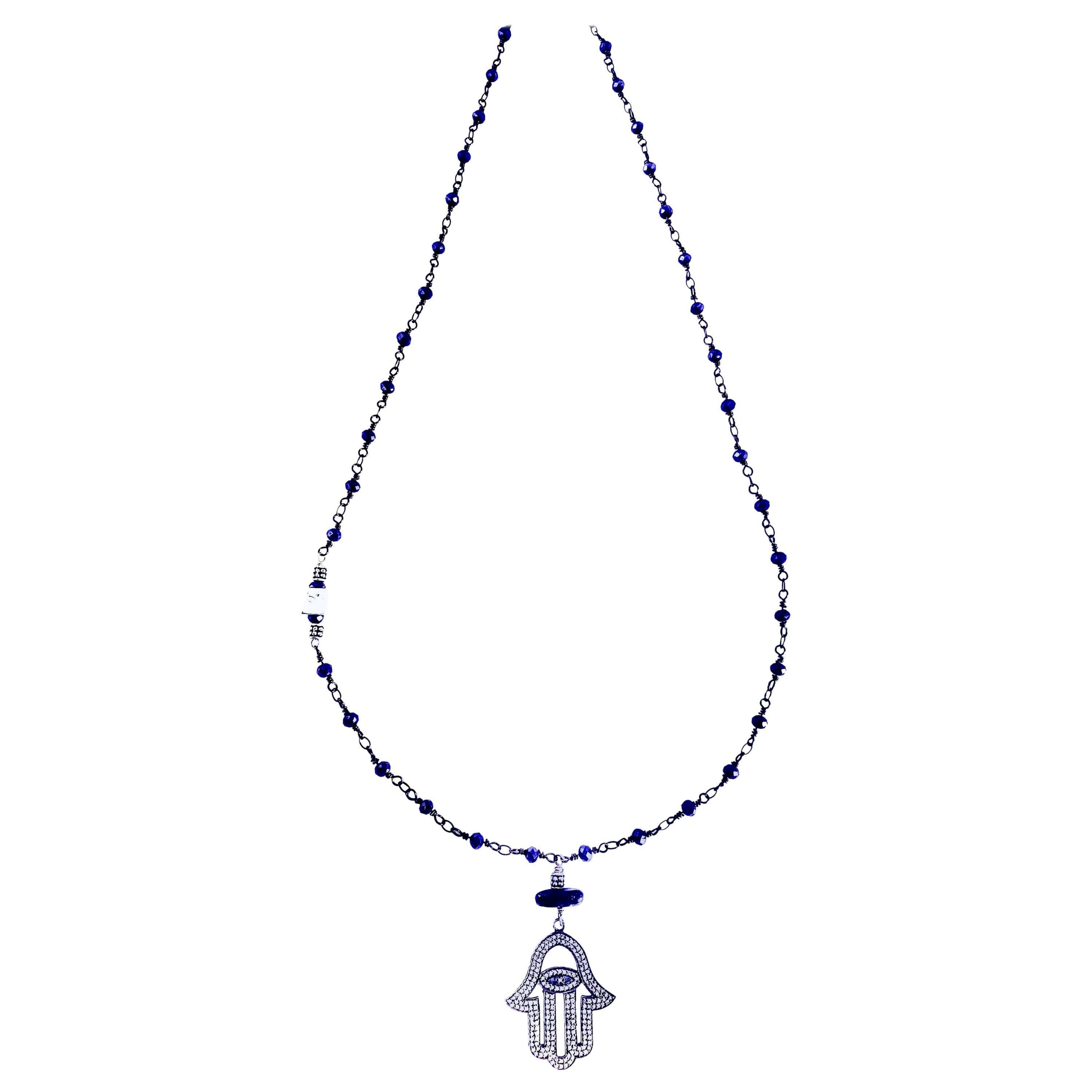 Diamond Hamsa Blue Fortune Lapis Necklace  For Sale