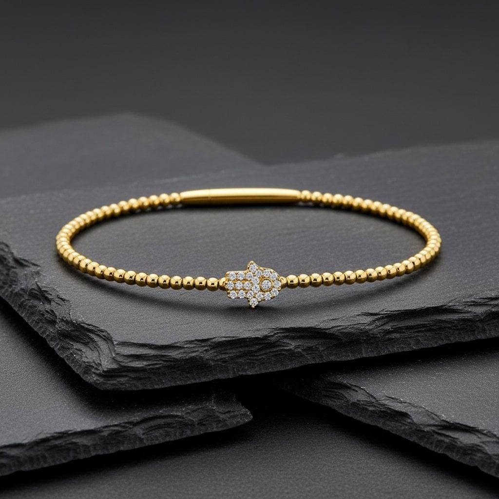 Round Cut Diamond Hamsa Charm 14K (or 18k upon request) Gold Beaded Bracelet For Sale