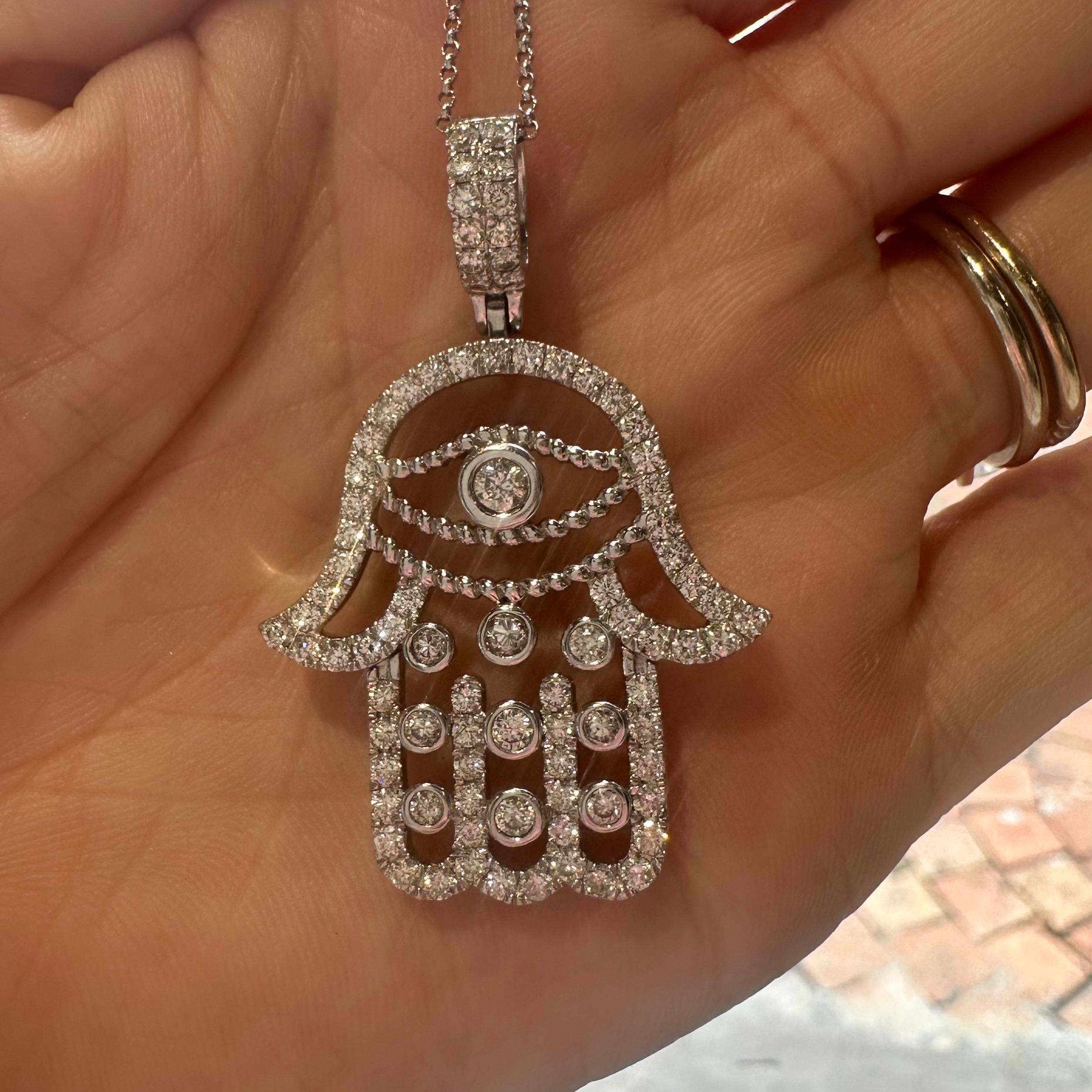 Round Cut Diamond Hamsa Evil Eye Pendant Necklace 18K White Gold For Sale