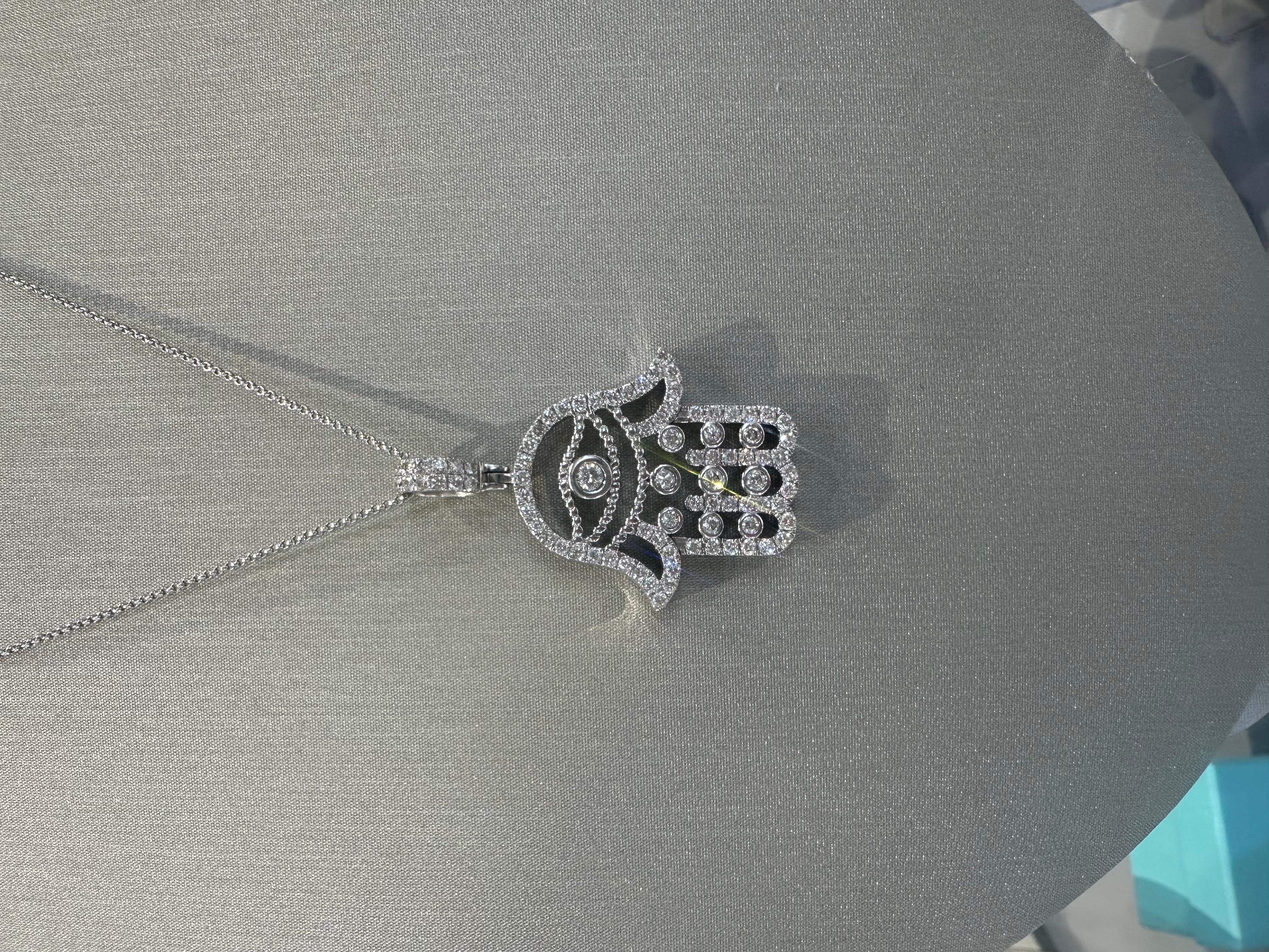 Diamond Hamsa Evil Eye Pendant Necklace 18K White Gold In Excellent Condition For Sale In Miami, FL