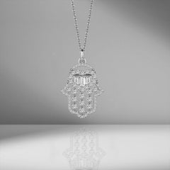 Diamond Hamsa Necklace, 18K White Gold .62 Carat Baguette Hand of Fatima Charm