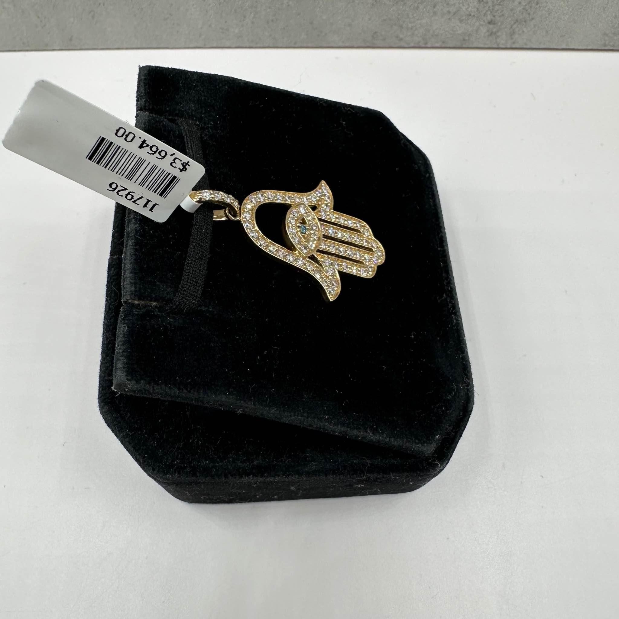 Round Cut Diamond Hamsa Pendant in 14kt Yellow Gold - 0.98ctw FG SI Diamonds, Blue Diamond For Sale