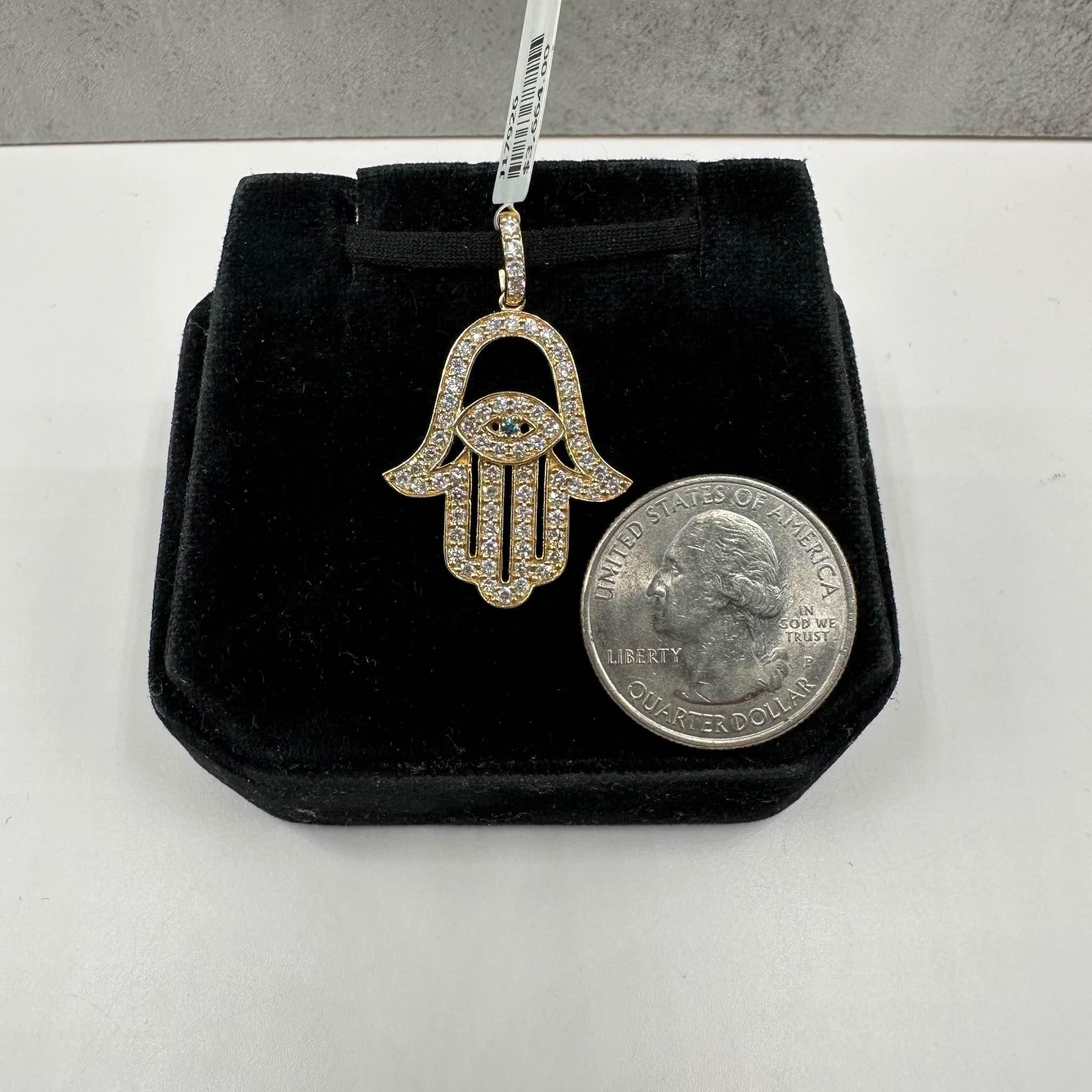 Diamond Hamsa Pendant in 14kt Yellow Gold - 0.98ctw FG SI Diamonds, Blue Diamond In New Condition For Sale In West Hempstead, NY