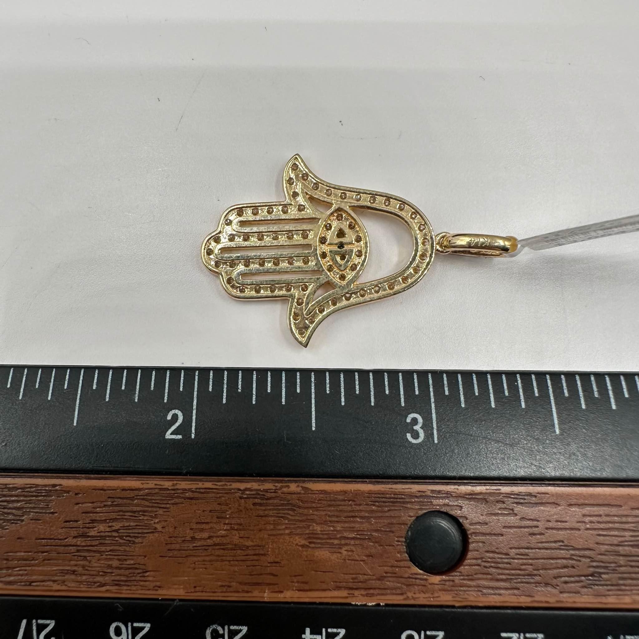 Women's or Men's Diamond Hamsa Pendant in 14kt Yellow Gold - 0.98ctw FG SI Diamonds, Blue Diamond For Sale