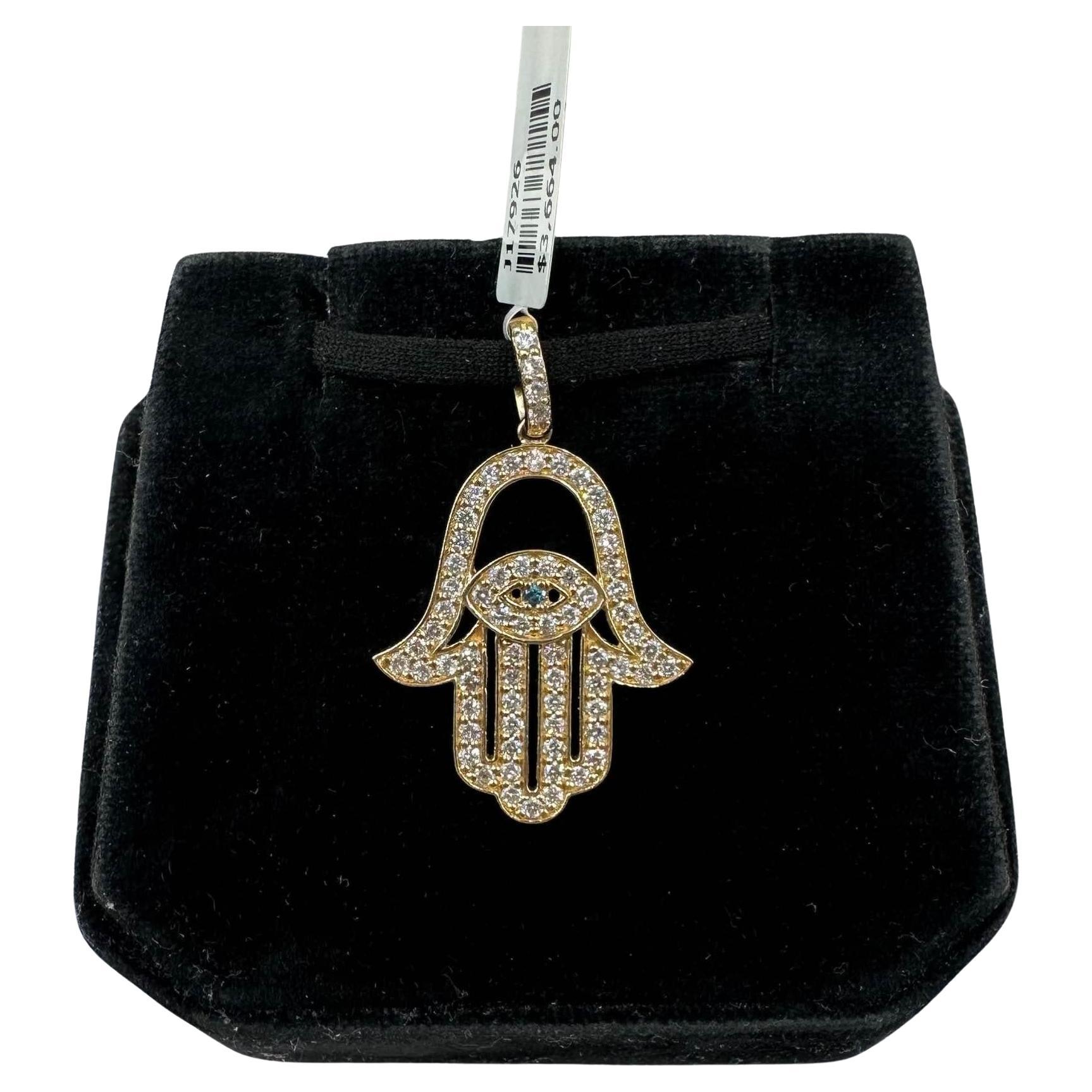 Diamant-Anhänger Hamsa aus 14 Karat Gelbgold - 0,98 Karat FG SI Diamanten, blauer Diamant