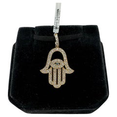 Diamond Hamsa Pendant in 14kt Yellow Gold - 0.98ctw FG SI Diamonds, Blue Diamond