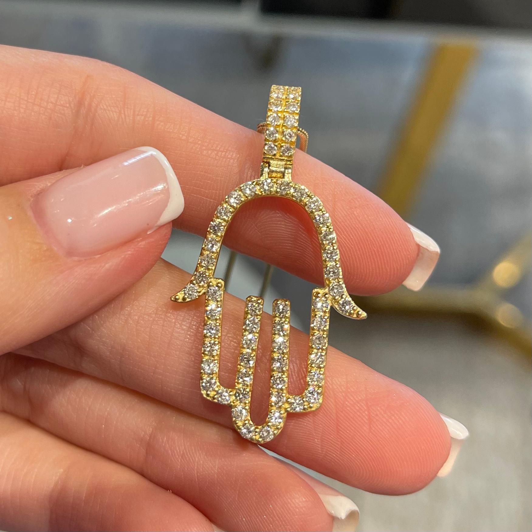 Round Cut Diamond Hamsa Pendant Necklace in 14k Yellow Gold For Sale