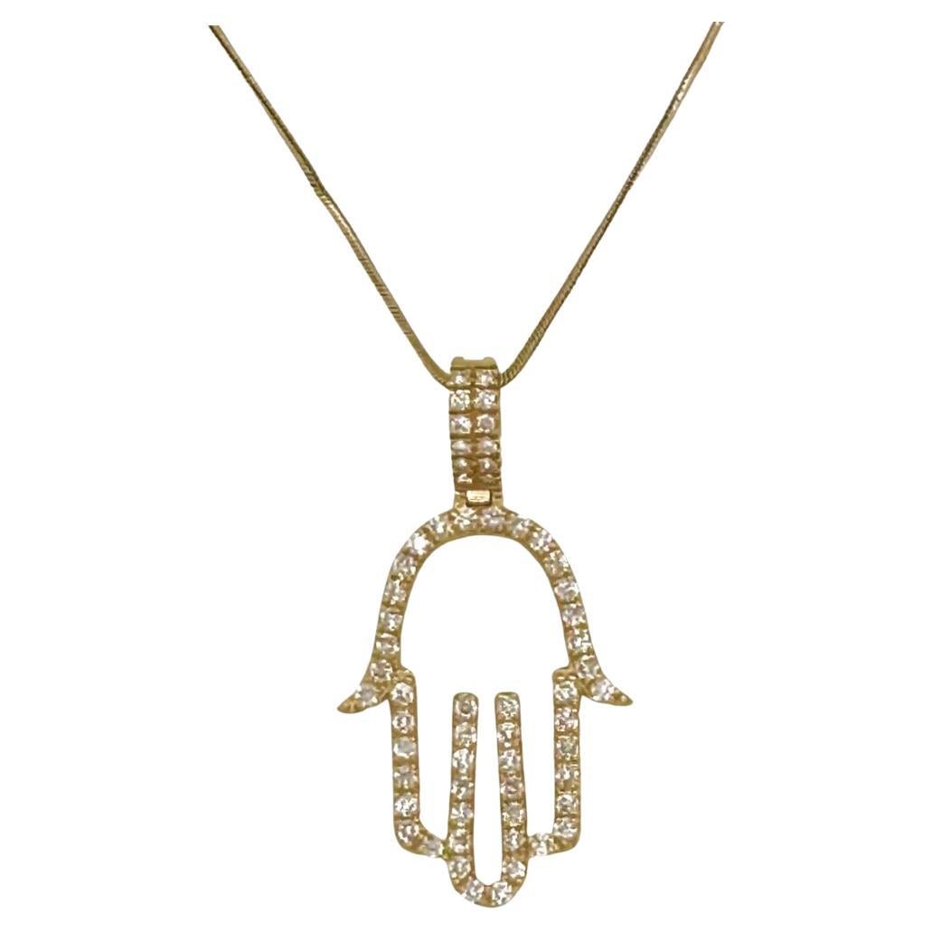 Diamond Hamsa Pendant Necklace in 14k Yellow Gold For Sale