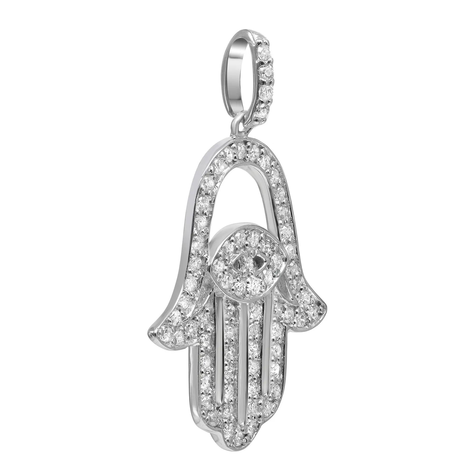 Diamond Hamsa Pendant Round Cut 14K White Gold 0.62Cttw In New Condition For Sale In New York, NY