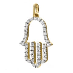 Diamond Hamsa Pendant Round Cut 14K Yellow Gold 24mm 0.33Cttw