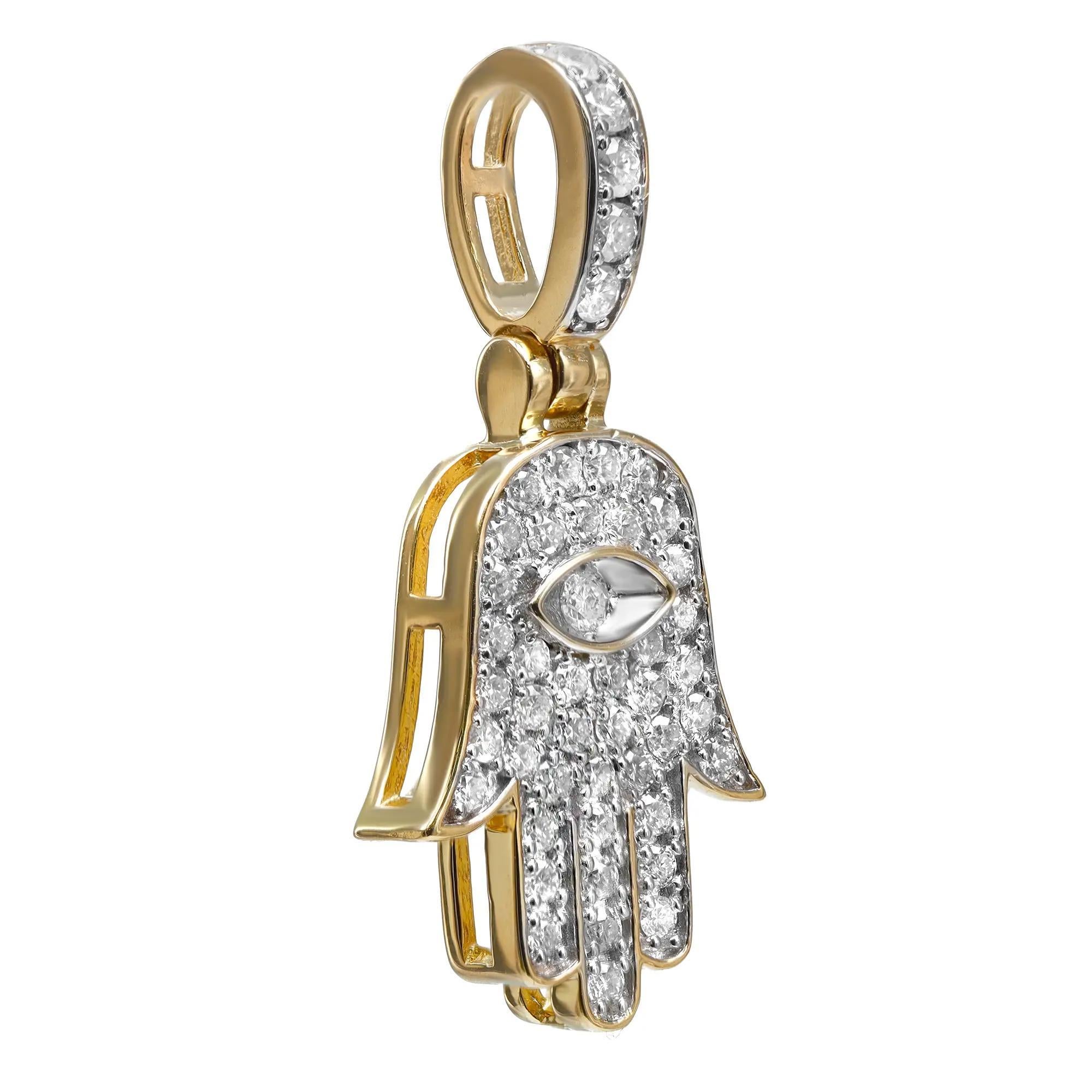 Modern Diamond Hamsa Pendant Round Cut In 14K Yellow Gold 0.50Cttw For Sale
