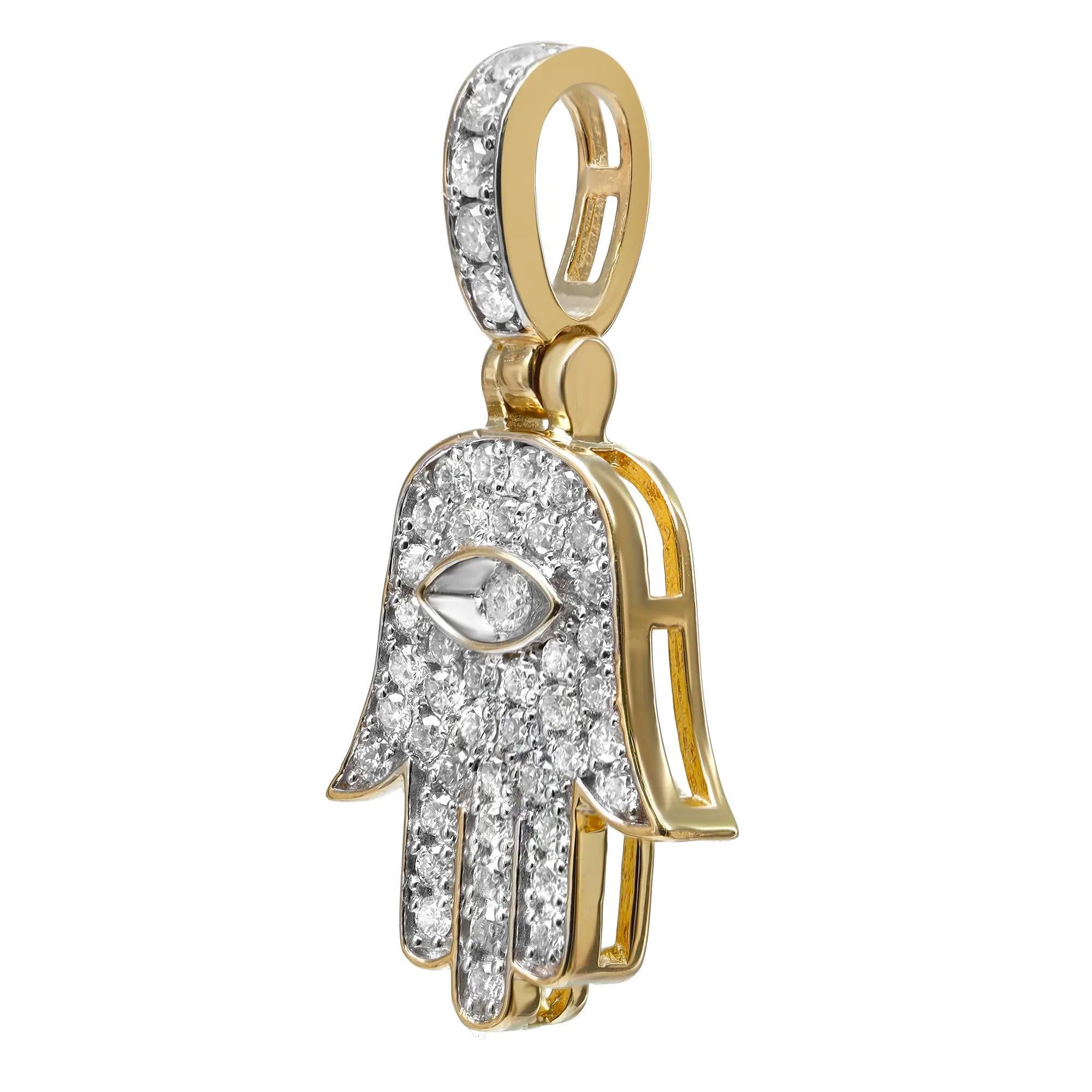 Diamond Hamsa Pendant Round Cut In 14K Yellow Gold 0.50Cttw In New Condition For Sale In New York, NY
