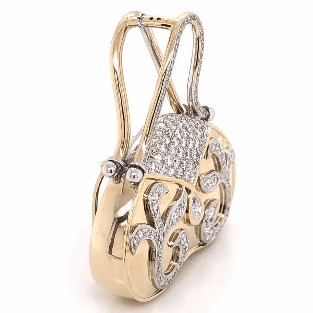 Elegant & finely detailed Hand Bag Brooch Pin Pendant set with Diamonds weighing approx. 2.25 Carat. The Brooch is Beautifully Hand crafted in 18 Karat yellow Gold. The Brooch is in excellent condition and was recently professionally cleaned and