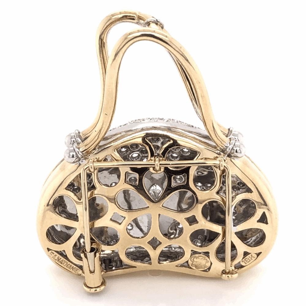 Diamond Hand Bag 18 Karat Brooch Pin Pendant Estate Fine Jewelry In Excellent Condition In Montreal, QC