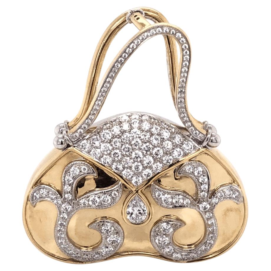 Diamond Hand Bag 18 Karat Brooch Pin Pendant Estate Fine Jewelry