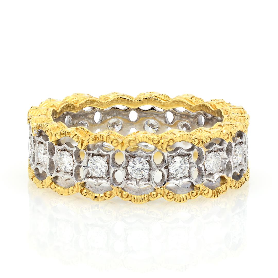 Brilliant Cut Diamond Hand Engraved 18 Karat Yellow Gold Filigree Eternity Band