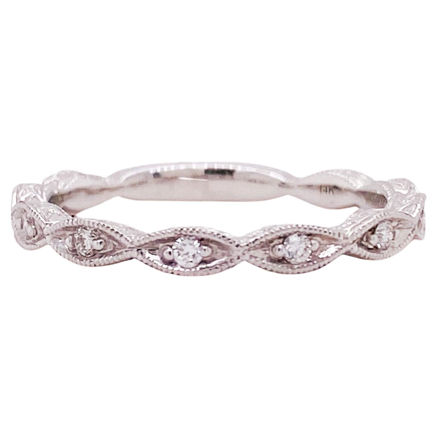 Diamond Hand Engraved Stackable Band, Round Diamonds Scallop 14k Gold Ring