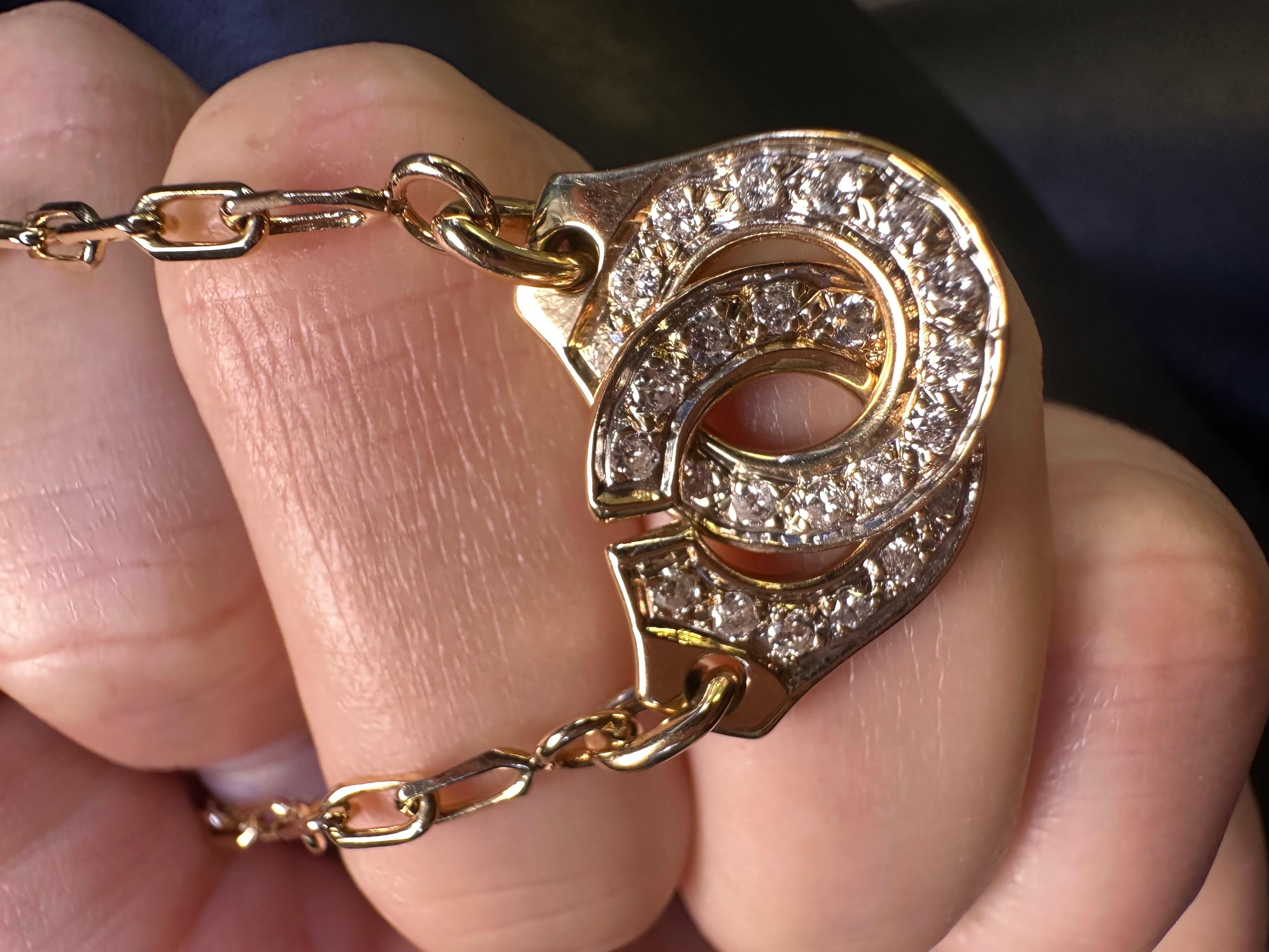 Round Cut Diamond Handcuff pendant necklace 14 Karat yellow gold large links For Sale