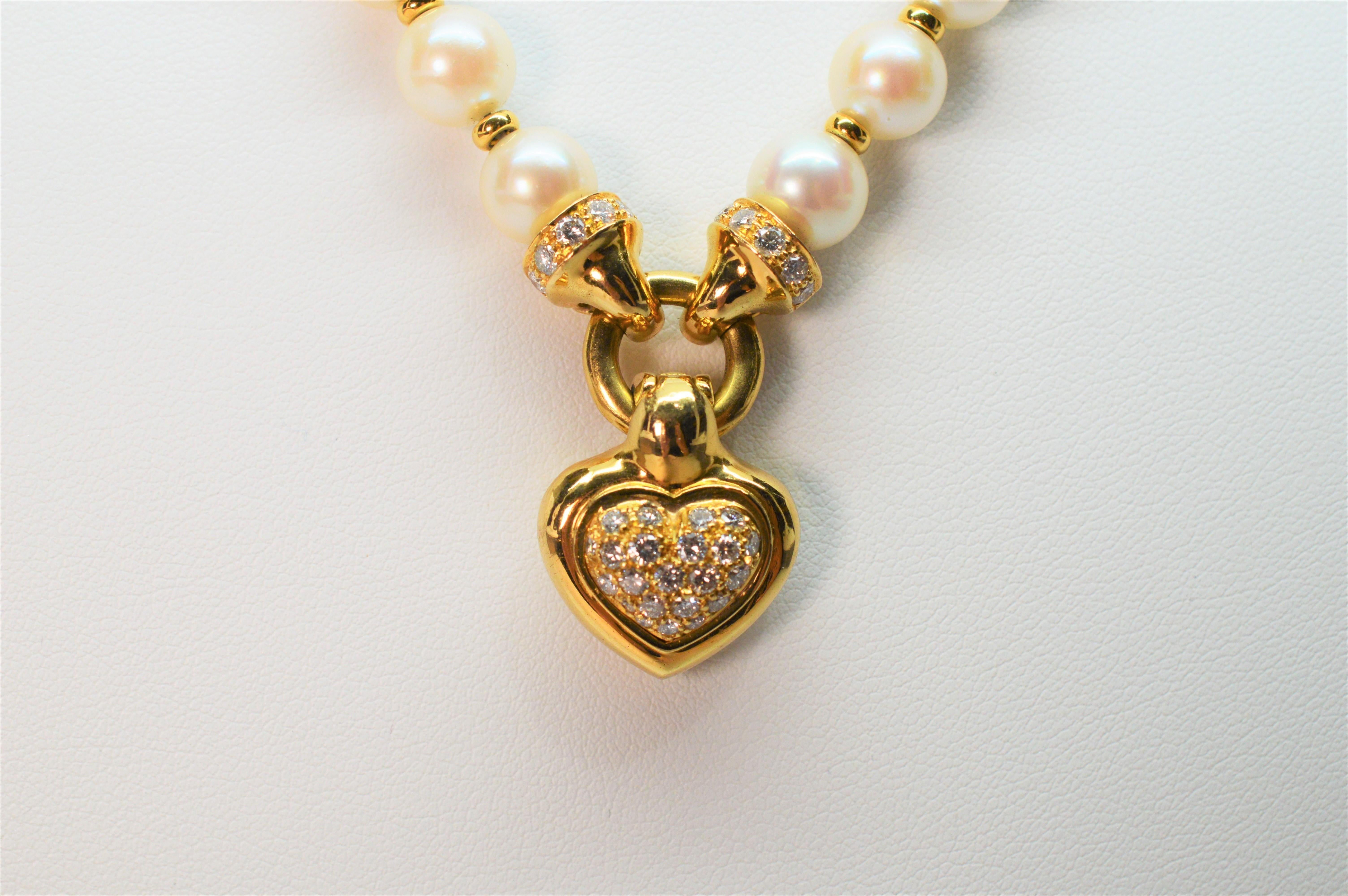 Diamond Heart 18K Yellow Gold Charm Pendant Pearl Necklace For Sale 2