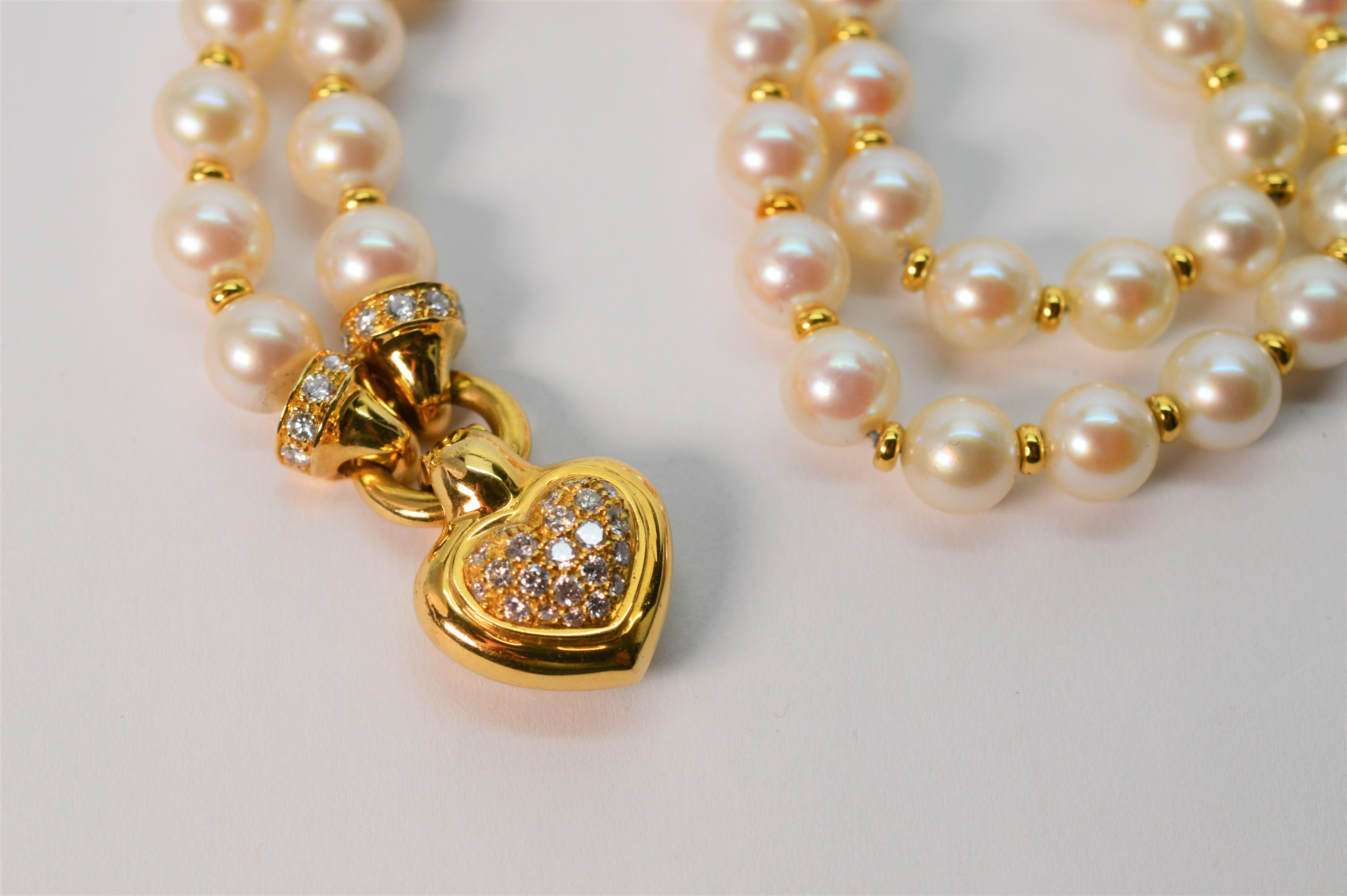Diamond Heart 18K Yellow Gold Charm Pendant Pearl Necklace In Excellent Condition For Sale In Mount Kisco, NY