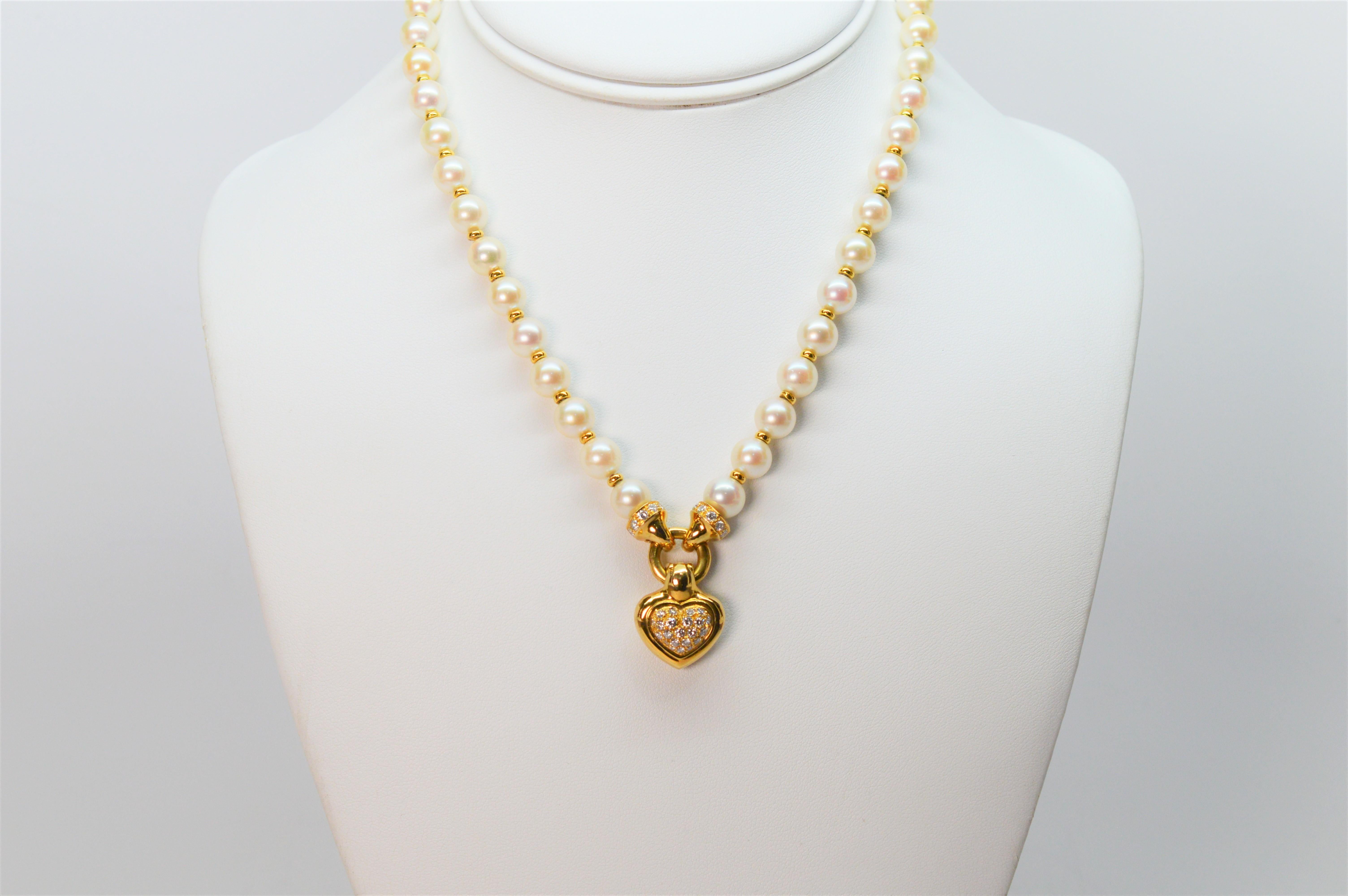 Diamond Heart 18K Yellow Gold Charm Pendant Pearl Necklace In Excellent Condition For Sale In Mount Kisco, NY