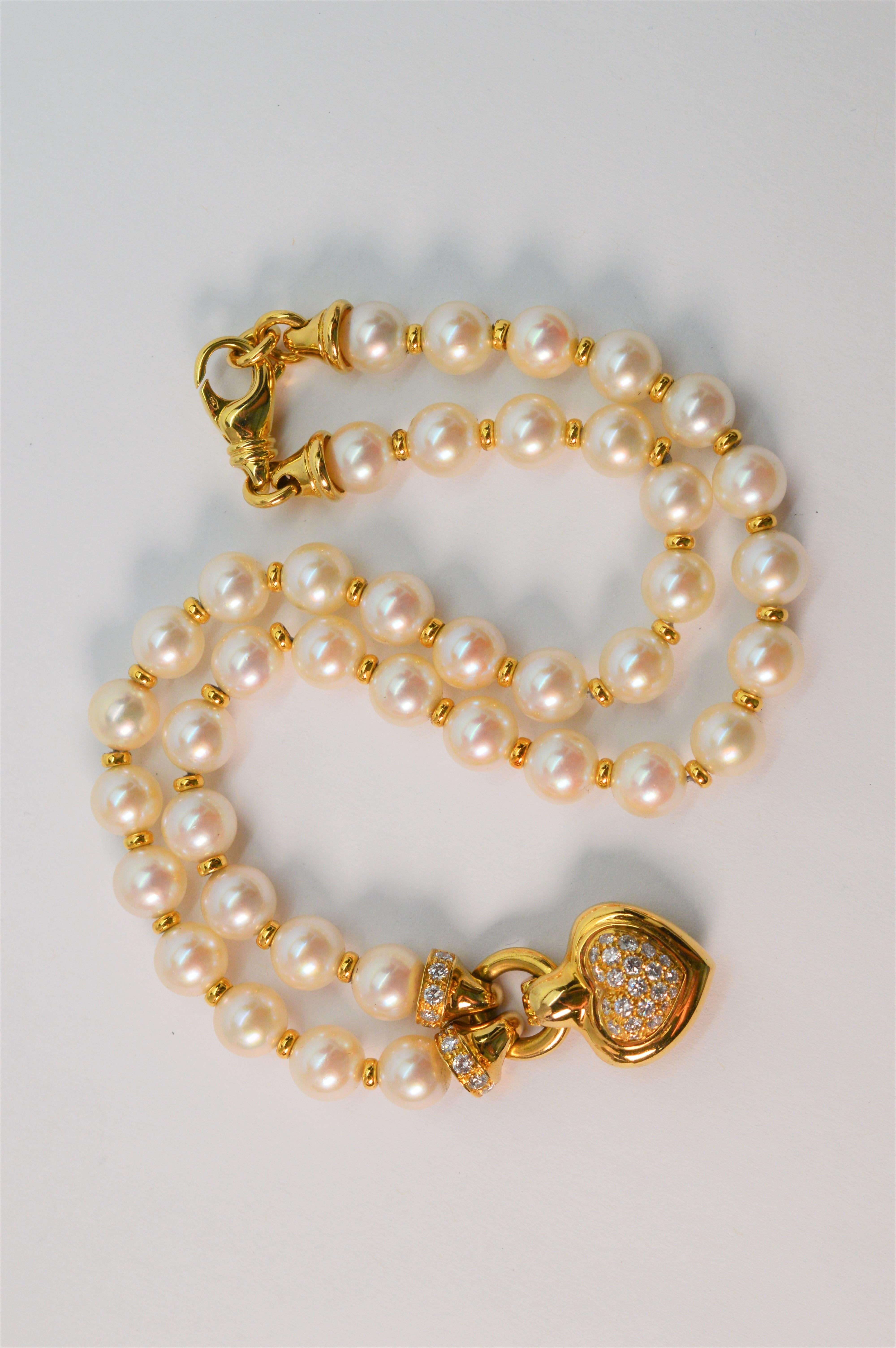 Diamant-Herz-Halskette aus 18 Karat Gelbgold mit Perlen-Anhänger im Angebot 2