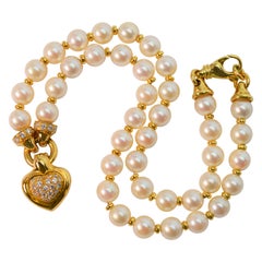 Diamond Heart 18K Yellow Gold Charm Pendant Pearl Necklace