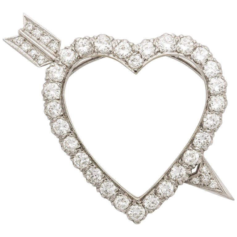 Diamond Heart and Arrow Platinum Pendant/Pin For Sale