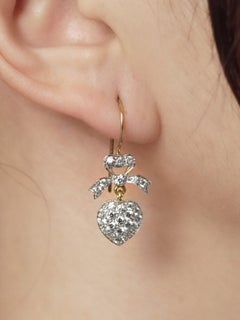 Diamond Heart and Bow Edwardian Style Dangle Earrings in 14K Yellow Gold