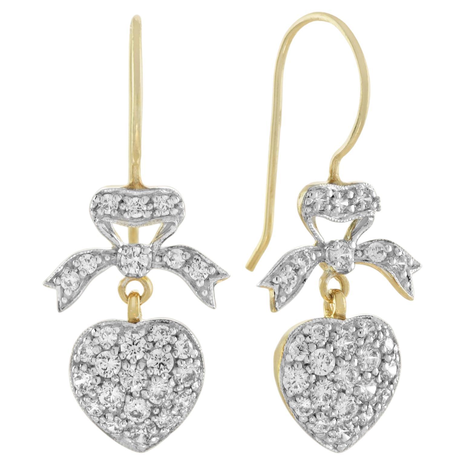 Diamond Heart and Bow Vintage Style Dangle Earrings in 14K Yellow Gold